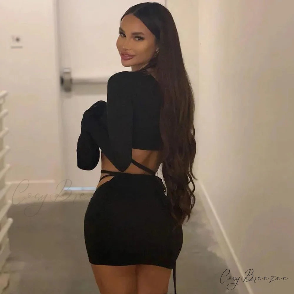 One-Shoulder Flare Sleeve Hollow Out Slim Mini Dress