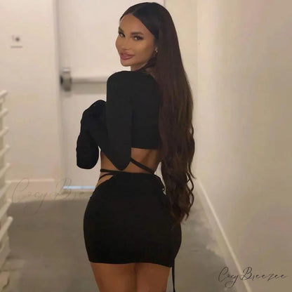 One-Shoulder Flare Sleeve Hollow Out Slim Mini Dress