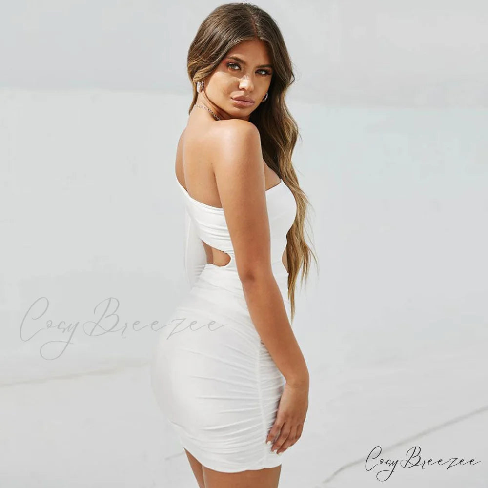 One Shoulder Knit Trendy Sweater Mini Dress M / White