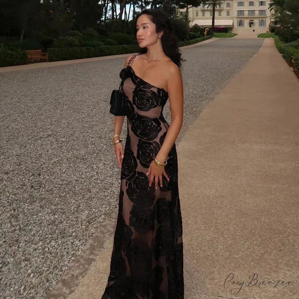 One Shoulder Mesh Maxi Party Dress