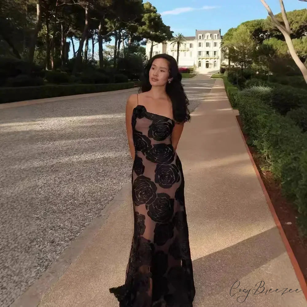 One Shoulder Mesh Maxi Party Dress