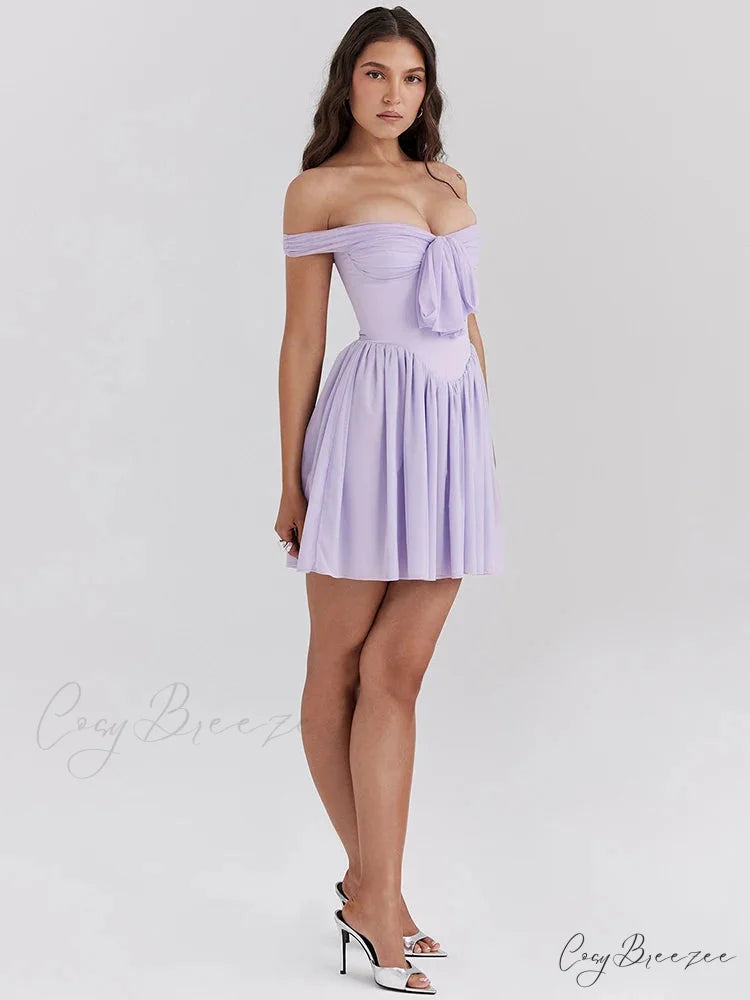 One-Shoulder Mesh Pleated Mini Dress minidress-250223