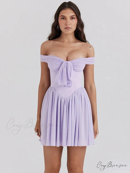 One-Shoulder Mesh Pleated Mini Dress minidress-250223