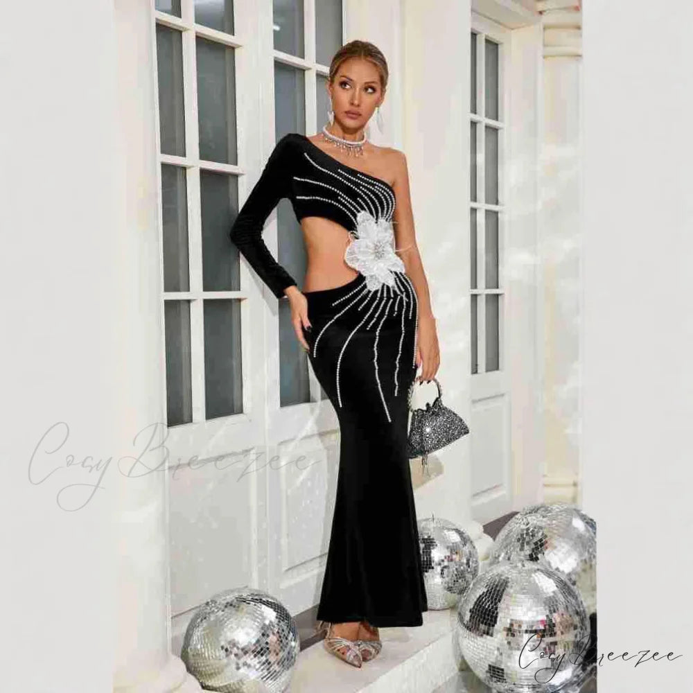 One Shoulder Pearl Embellished Elegant Prom Dress promdress-250223