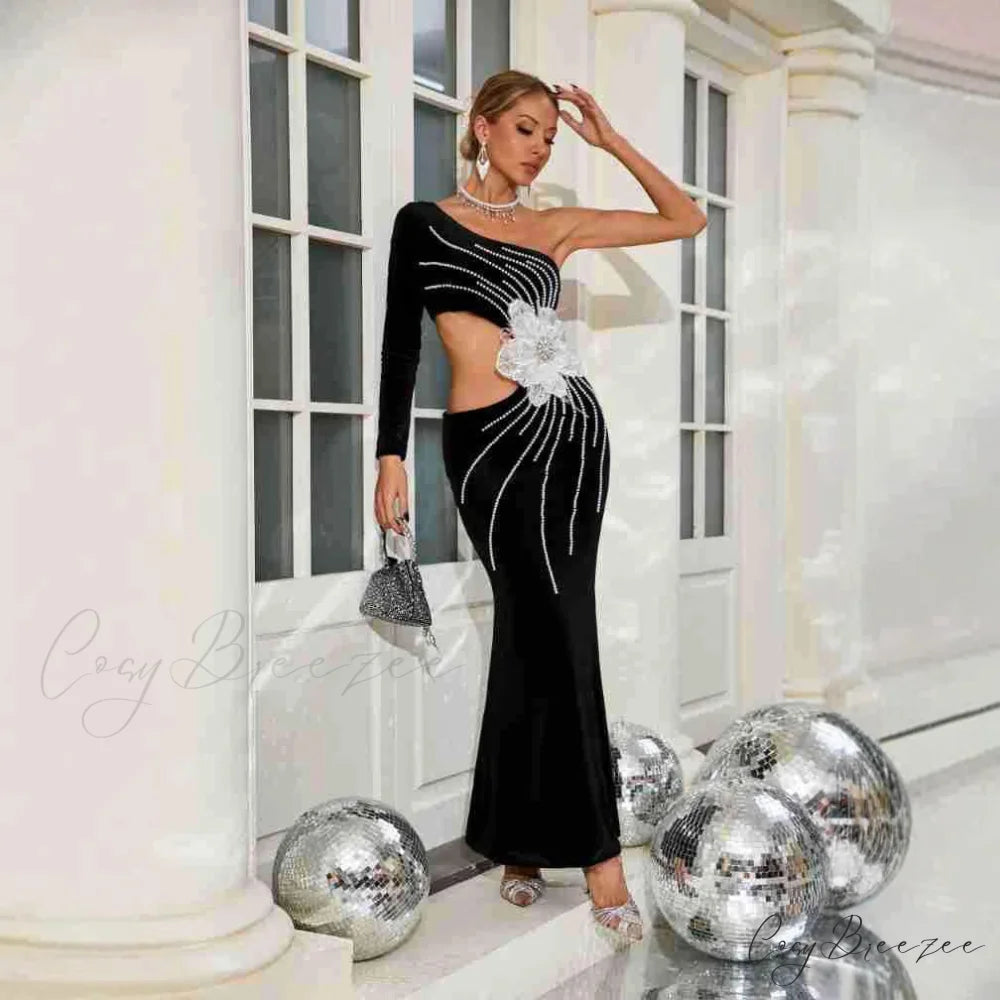One Shoulder Pearl Embellished Elegant Prom Dress promdress-250223