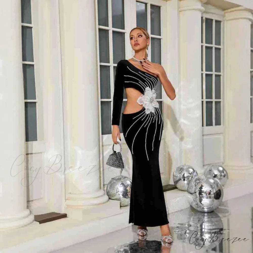 One Shoulder Pearl Embellished Elegant Prom Dress promdress-250223