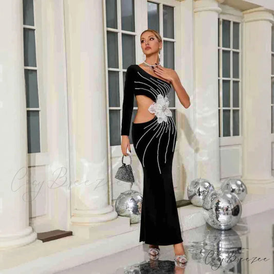 One Shoulder Pearl Embellished Elegant Prom Dress promdress-250223
