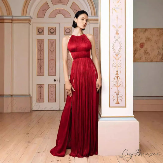 One-Shoulder Pleated Satin Party Prom Dress red / XS promdress-250223