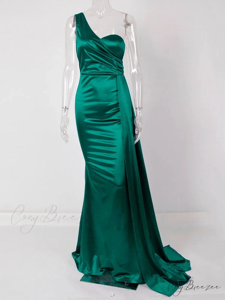 One-Shoulder Ruched Satin Party Dress Green / 4