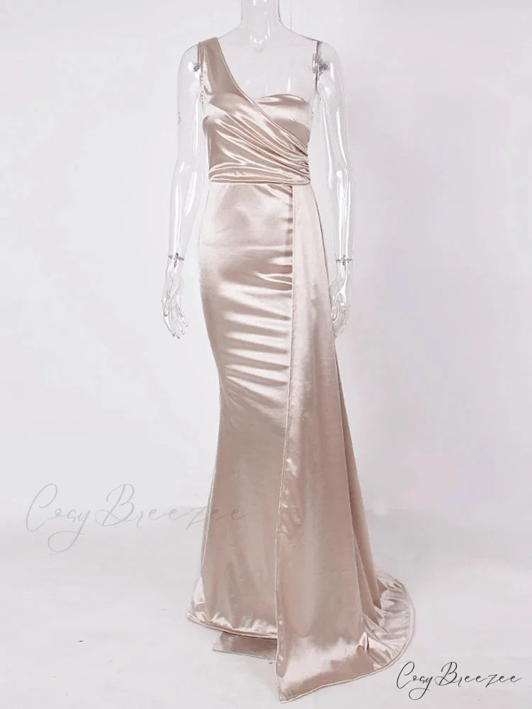 One-Shoulder Ruched Satin Party Dress Ivory / 4