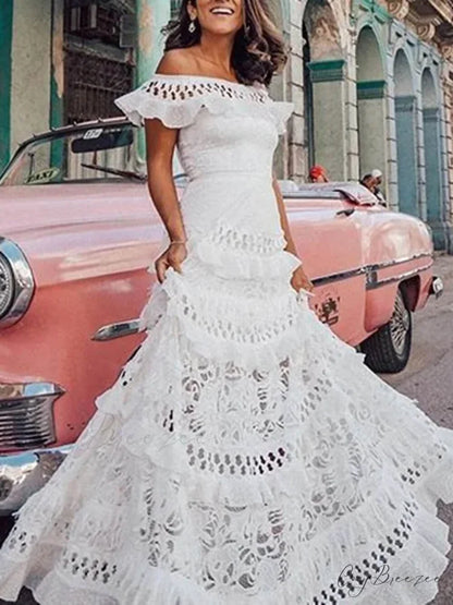 One-Shoulder Ruffled Hollow Swing Graceful Lace Patchwork Long Dress