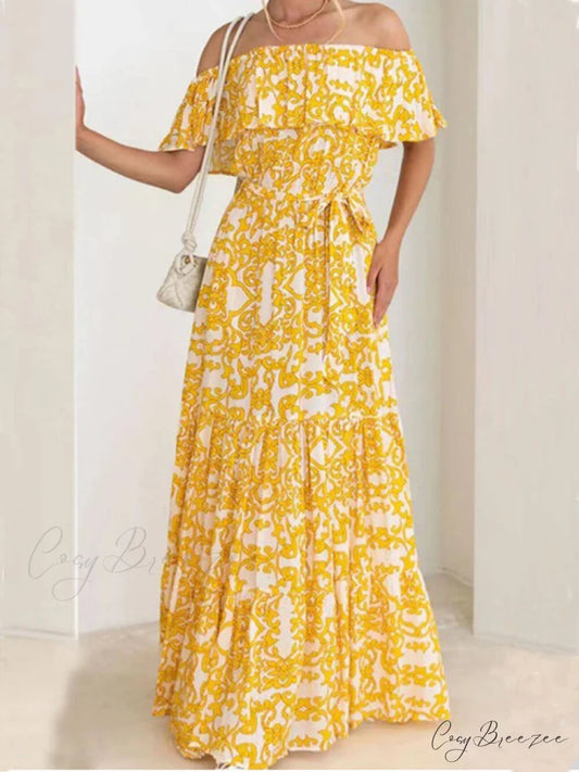 One-Shoulder Short-Sleeve Printed Charming Ruffle Maxi Dress Yellow / S