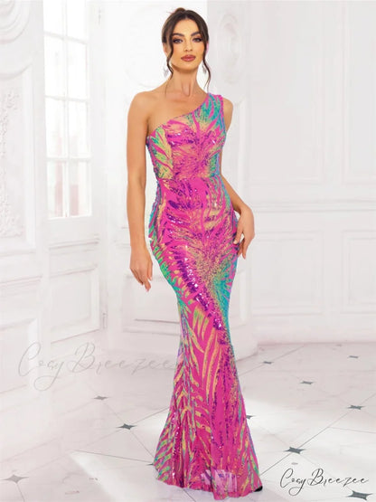 One-Shoulder Stretch Sequin Party Dress