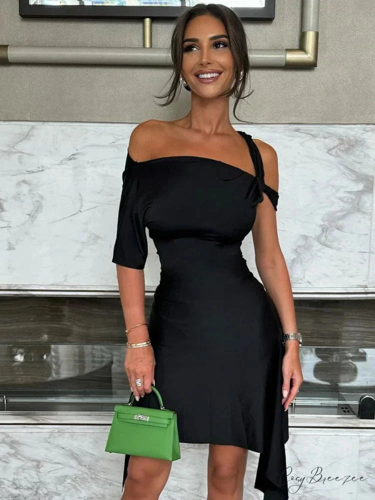 One Shoulder Twisted Charming Flare Mini Dress black / S