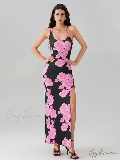 Open Back High Split Floral Print Bodycon Dress floraldress-250126