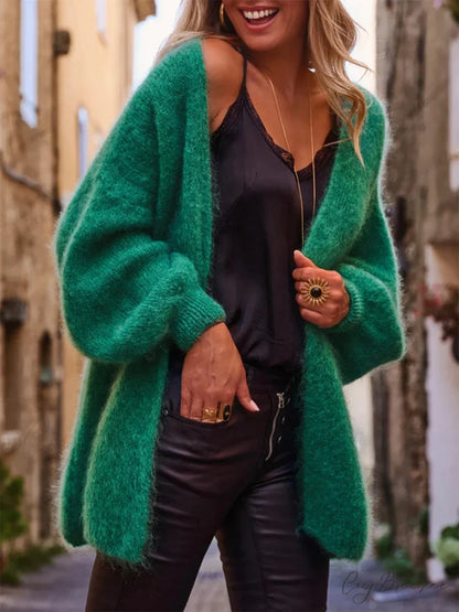 Open Front Plush Full Sleeve Knit Cardigan green / S cardigans-241228