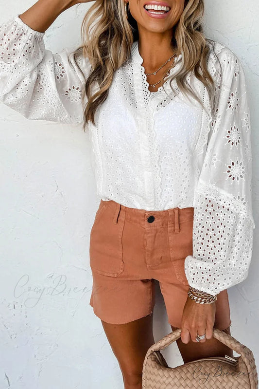Openwork Long V-Neck Arm Blouse White / S