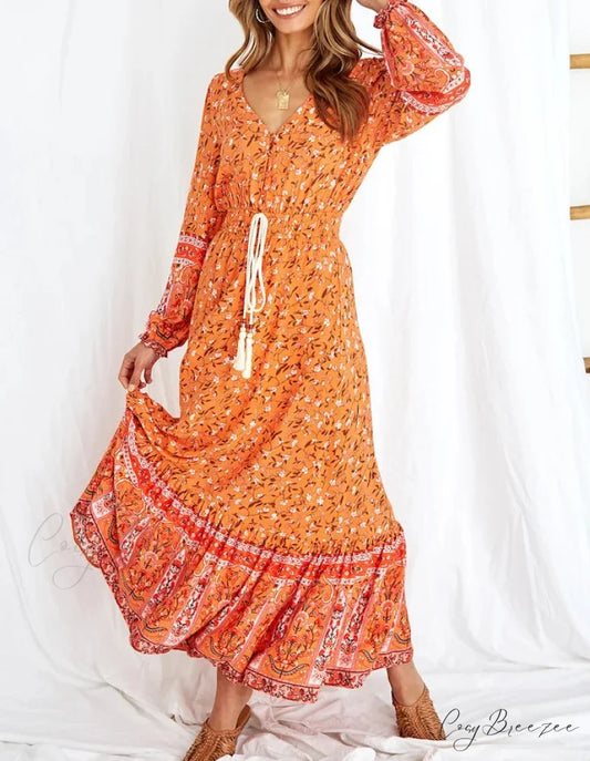 Orange Floral Print Elastic Waist Rayon Cotton Maxi Dress Orange / S bohodress-250126