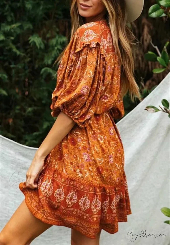 Orange Floral Print Lantern Sleeve Tassel Rayon Mini Dress bohodress-250126