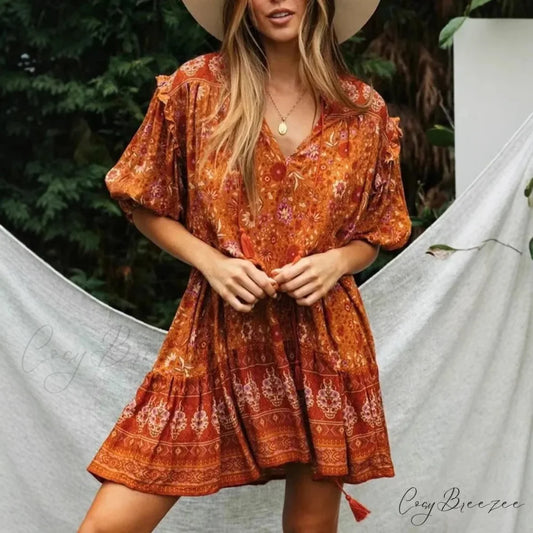 Orange Floral Print Lantern Sleeve Tassel Rayon Mini Dress Orange / S bohodress-250126
