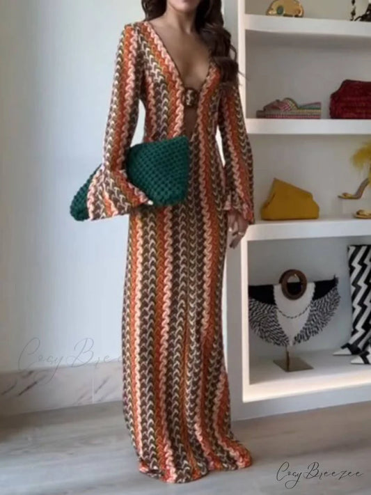 Orange Soda Stripe Print O-Ring Trendy Long Sleeve Beach Maxi Dress Orange / S