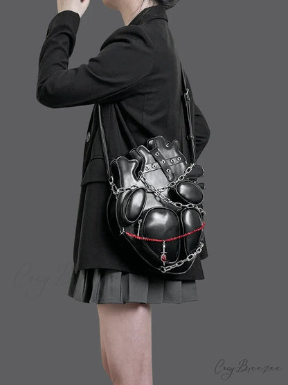 Original Dark Binding Chain Heart Punk Gothic Style Metal Sexy Shoulder Bag Black