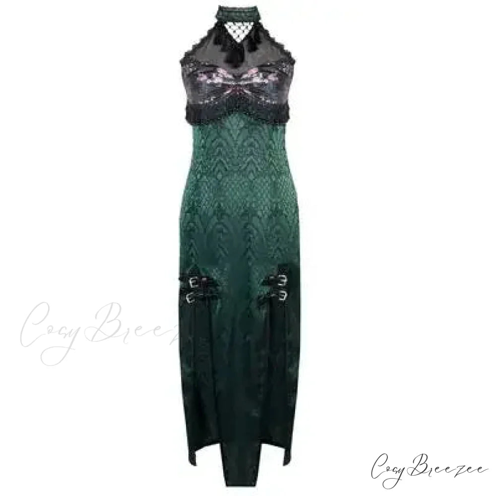 Original Design Summer Dress Snake Halter Neck Mesh Patch New Sexy Gothic Cheongsam High Slit Dress Green / S