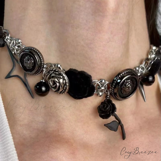 Original Thorn Rose Chinese Velvet Steel Punk Necklace BLACK