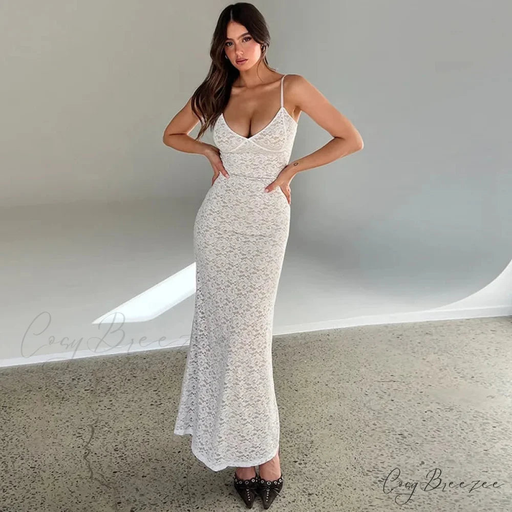 Out Lace Sheer Maxi Dress WHITE / S