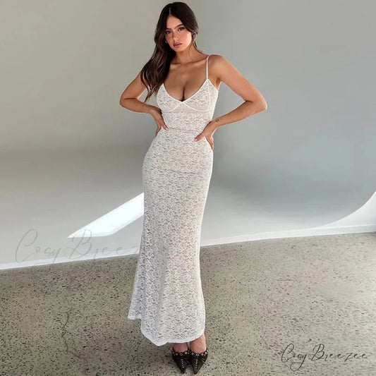 Out Lace Sheer Maxi Dress WHITE / S