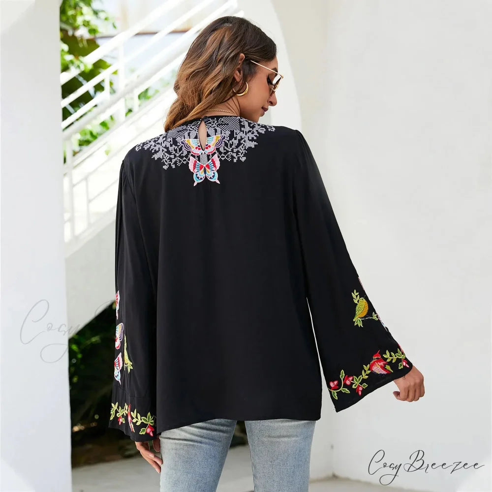 Oversize Floral Embroidery Loose Cotton Boho Blouse bohoblouse-250126