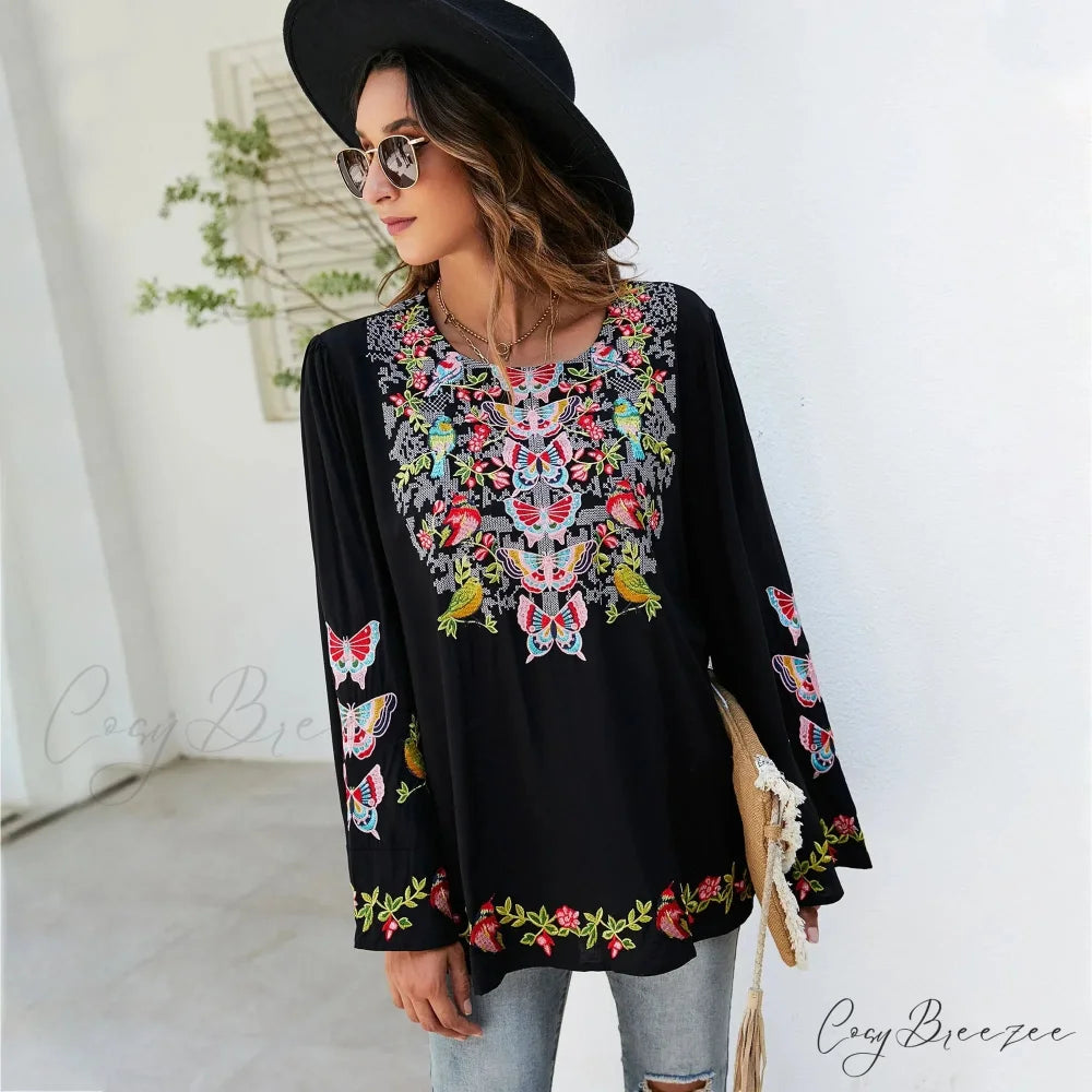 Oversize Floral Embroidery Loose Cotton Boho Blouse bohoblouse-250126