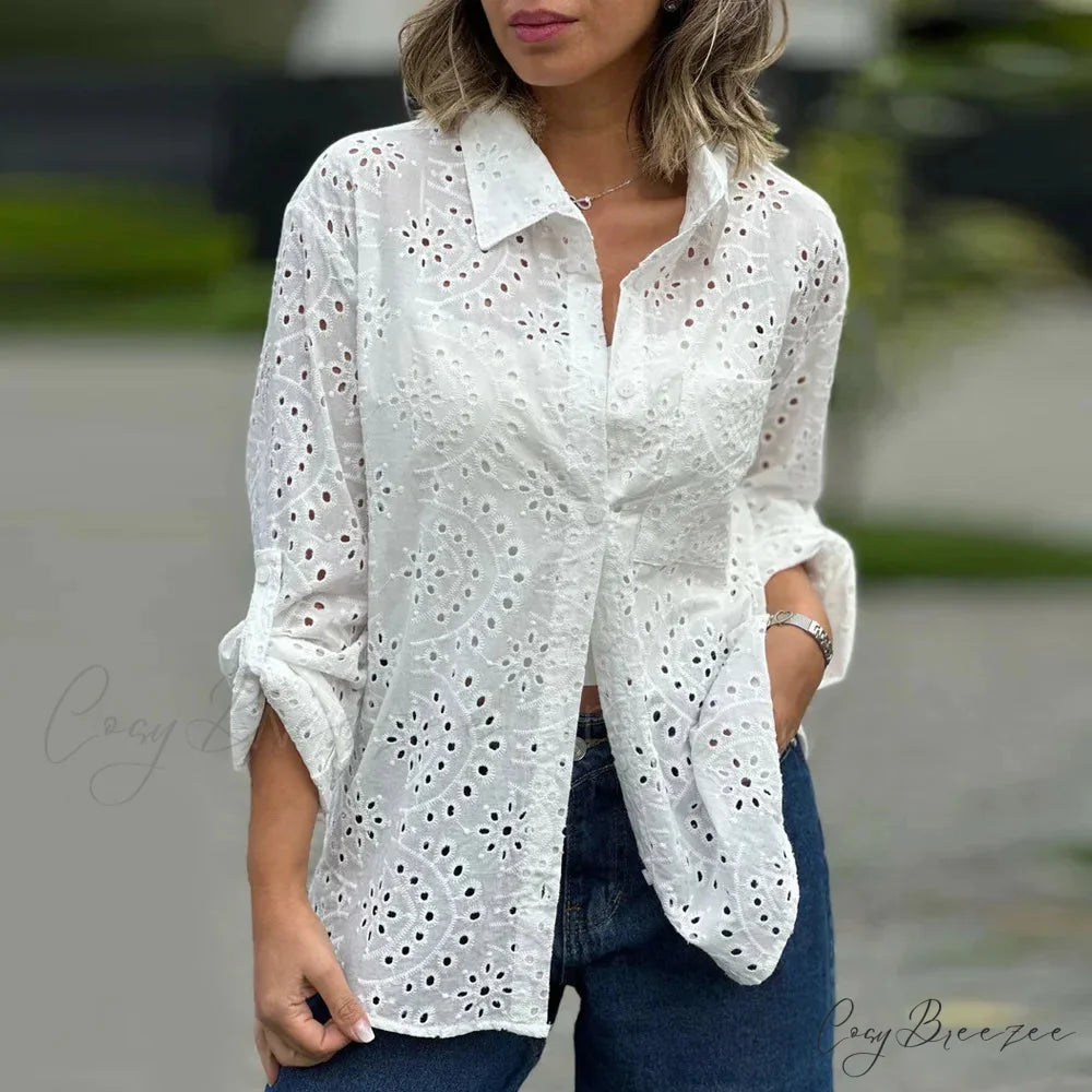 Oversize Loose Floral Embroidery Lace Boho Blouse WHITE / S bohoblouse-250126