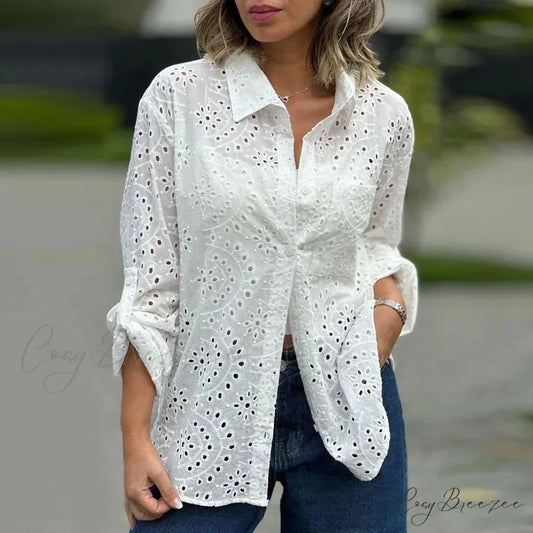 Oversize Loose Floral Embroidery Lace Boho Blouse WHITE / S bohoblouse-250126