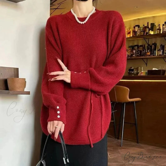 Oversize Thick Red Knitting Warm Casual Lantern Sleeve Christmas Sweater Red / One Size