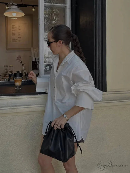Oversize White Lapel Full Sleeve Side Split Crop Top blouse-250126