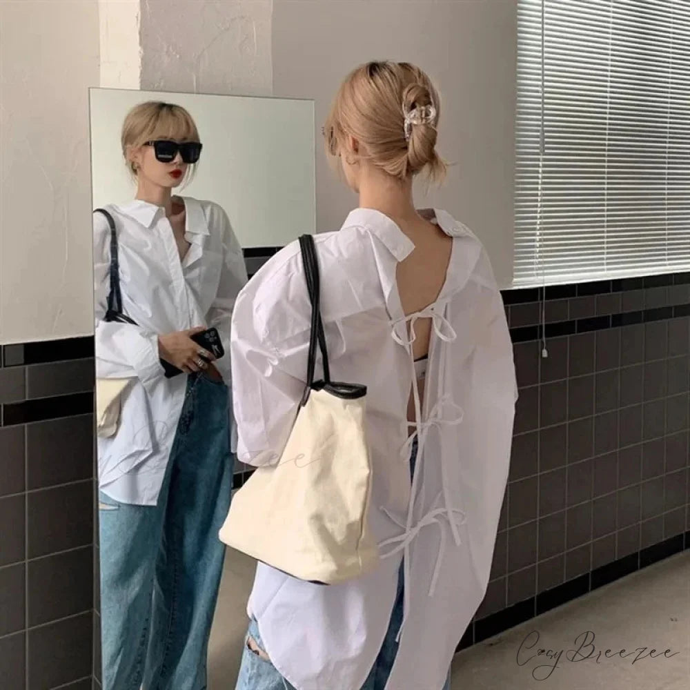 Oversized Bandage Long Sleeve Streetwear White Crop Top blouse-250126