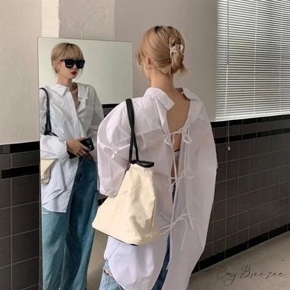 Oversized Bandage Long Sleeve Streetwear White Crop Top blouse-250126