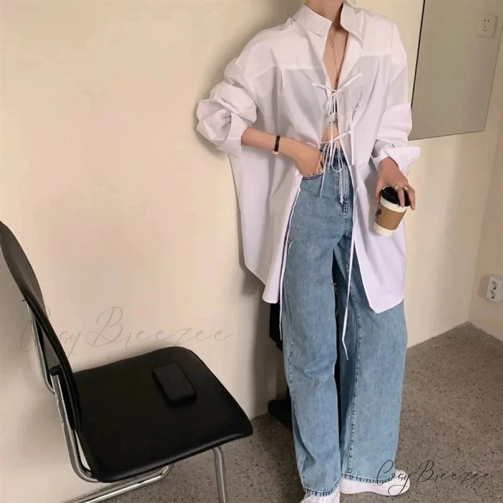 Oversized Bandage Long Sleeve Streetwear White Crop Top blouse-250126