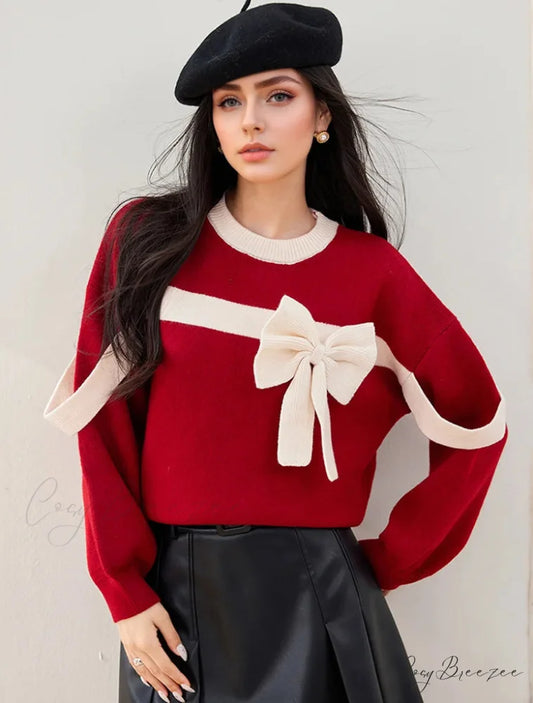 Oversized Red Bow Winter Patchwork Soft Long Sleeve Christmas Sweater Red / One Size