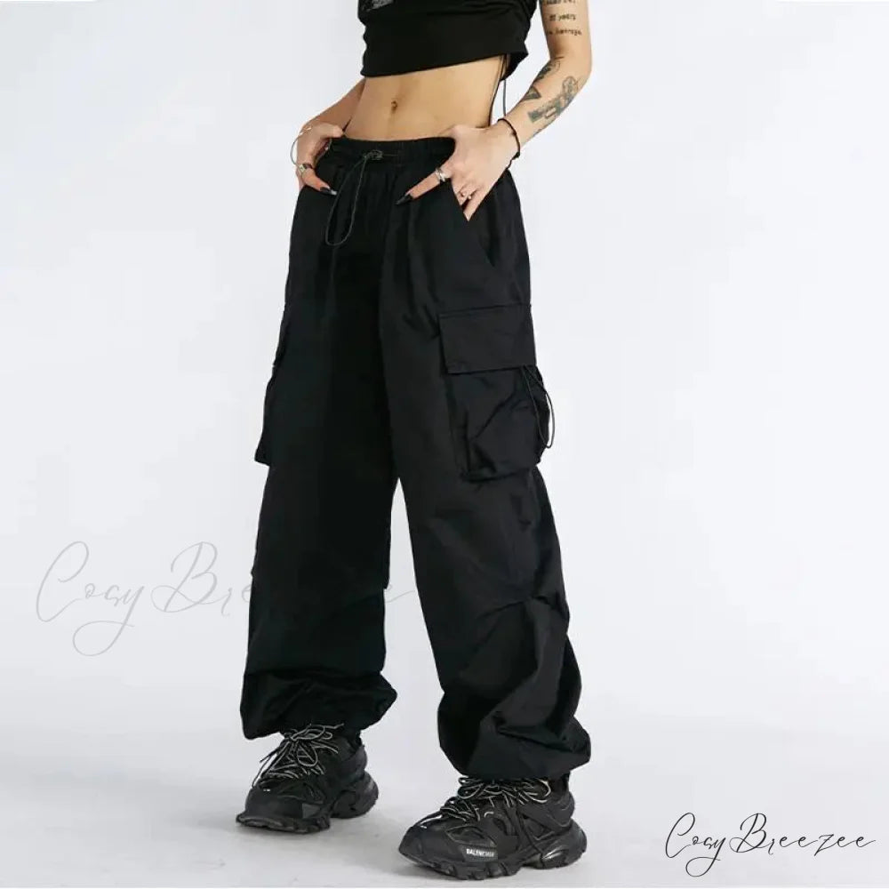 Oversized Solid Cargo Drawstring Pants pants-241228