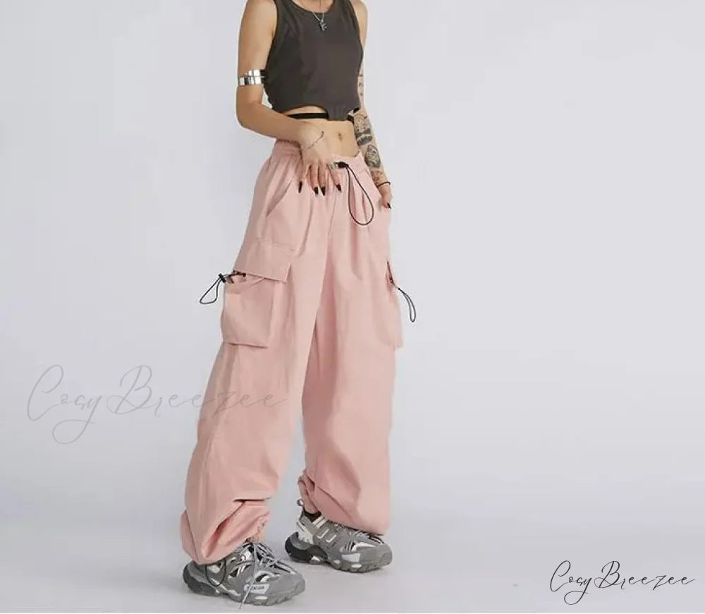 Oversized Solid Cargo Drawstring Pants pants-241228
