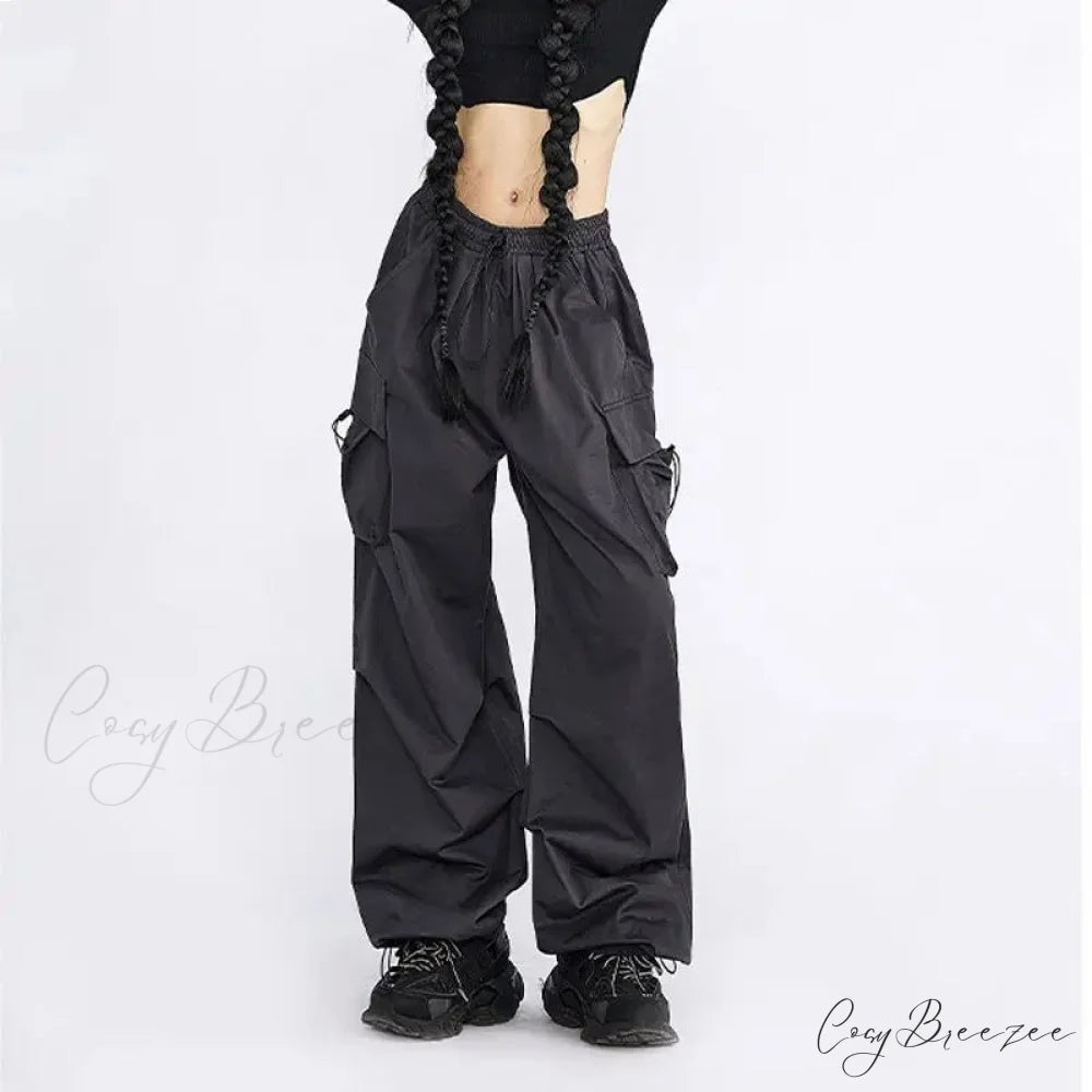 Oversized Solid Cargo Drawstring Pants pants-241228