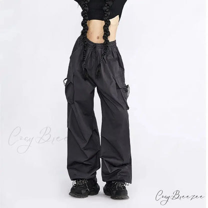 Oversized Solid Cargo Drawstring Pants pants-241228