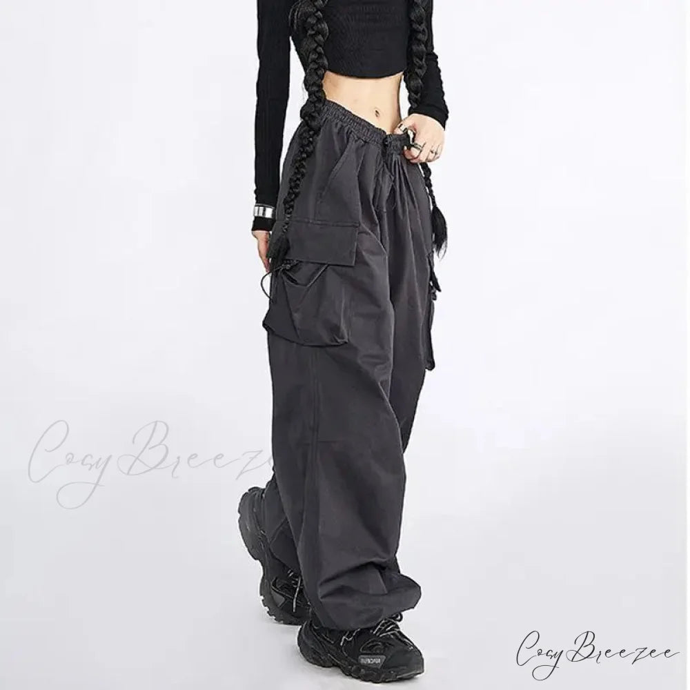 Oversized Solid Cargo Drawstring Pants pants-241228