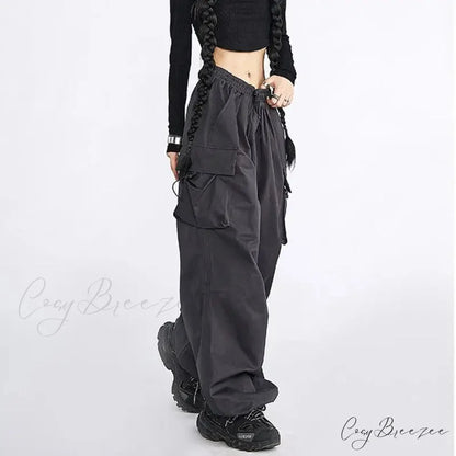 Oversized Solid Cargo Drawstring Pants pants-241228