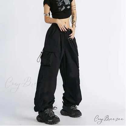 Oversized Solid Cargo Drawstring Pants Black / S pants-241228
