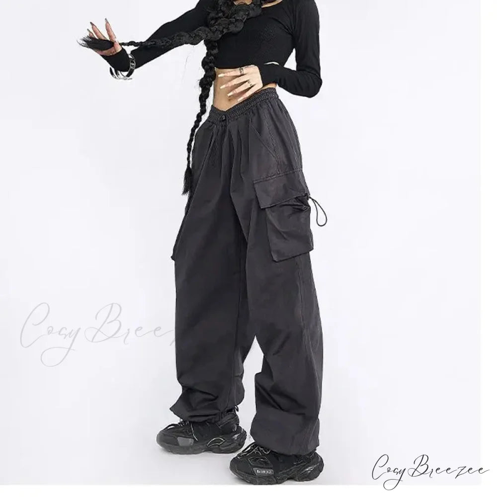 Oversized Solid Cargo Drawstring Pants Dark Gray / S pants-241228