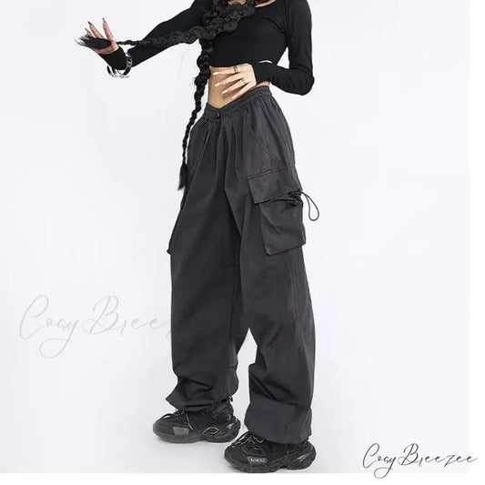 Oversized Solid Cargo Drawstring Pants Dark Gray / S pants-241228