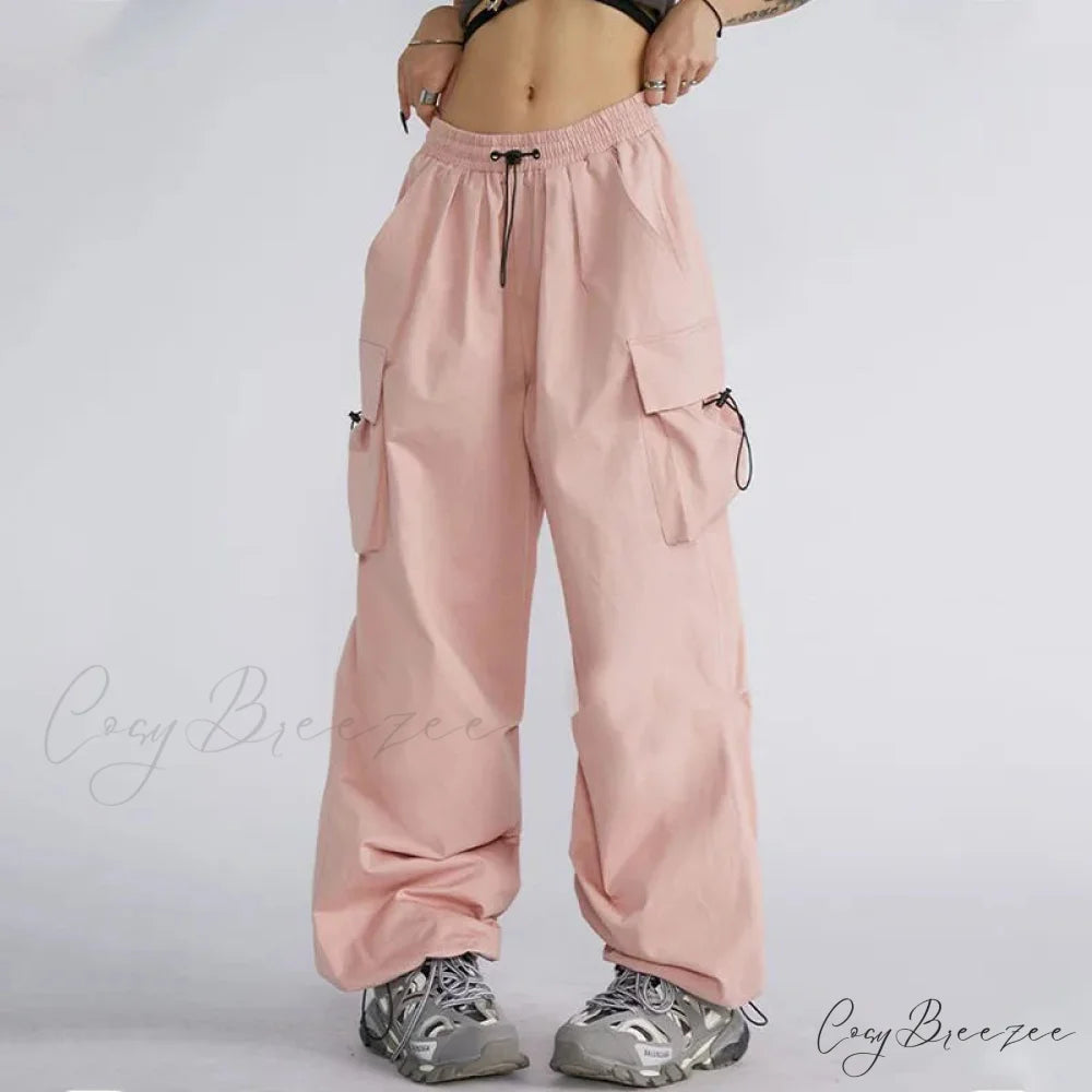 Oversized Solid Cargo Drawstring Pants Pink / S pants-241228